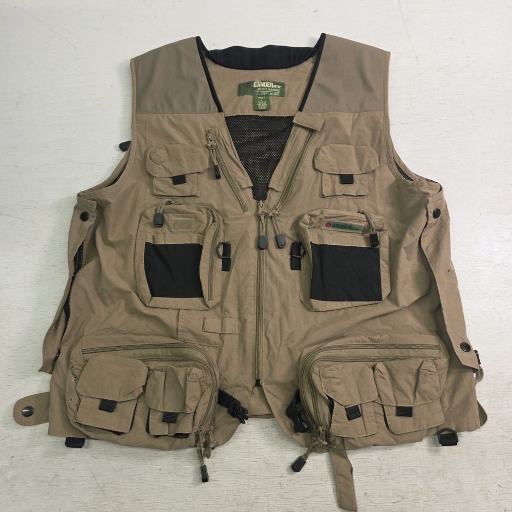 Gander Mountain Fishing Hunting Vest Men's L Tan Multi Pocket Gear Mesh Back EUC